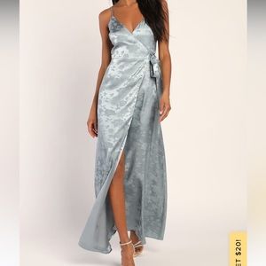 Lulu’s Feeling Chic Slate Blue Floral Satin Jacquard Wrap Maxi Dress